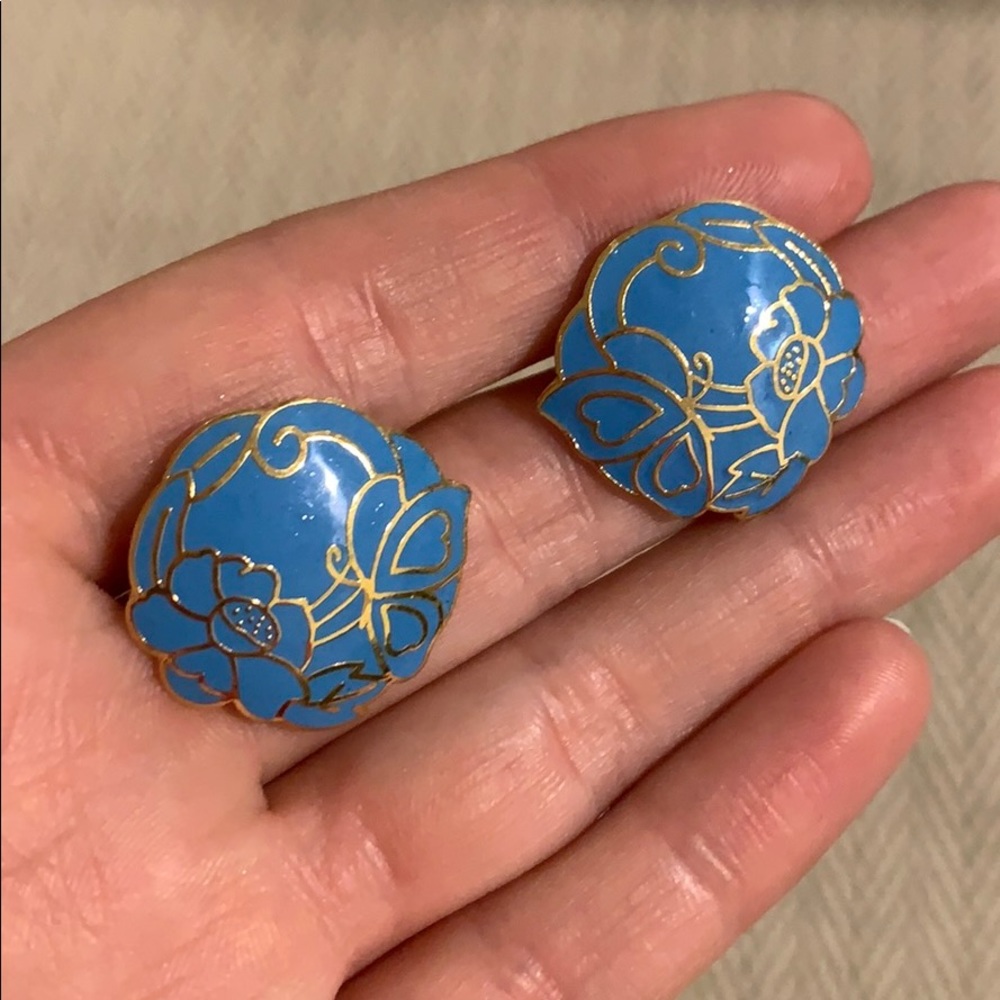 Vintage blue and gold floral earrings